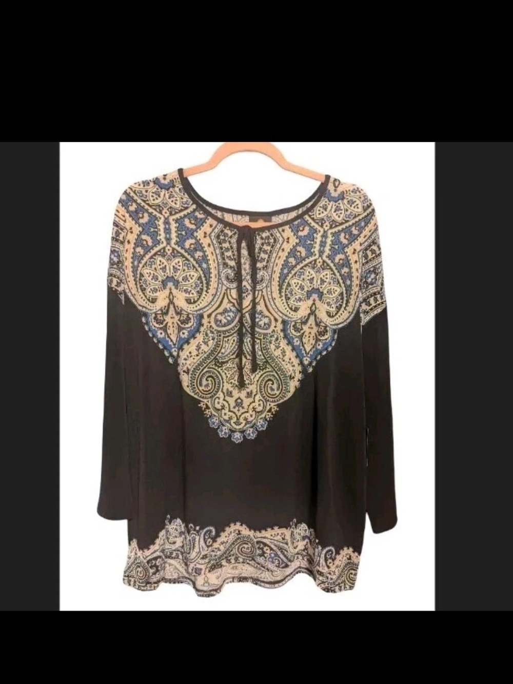 JM COLLECTION SIZE XXL NWT Black, Green, Blue, & Cream Paisley-Accent Tie-Neck